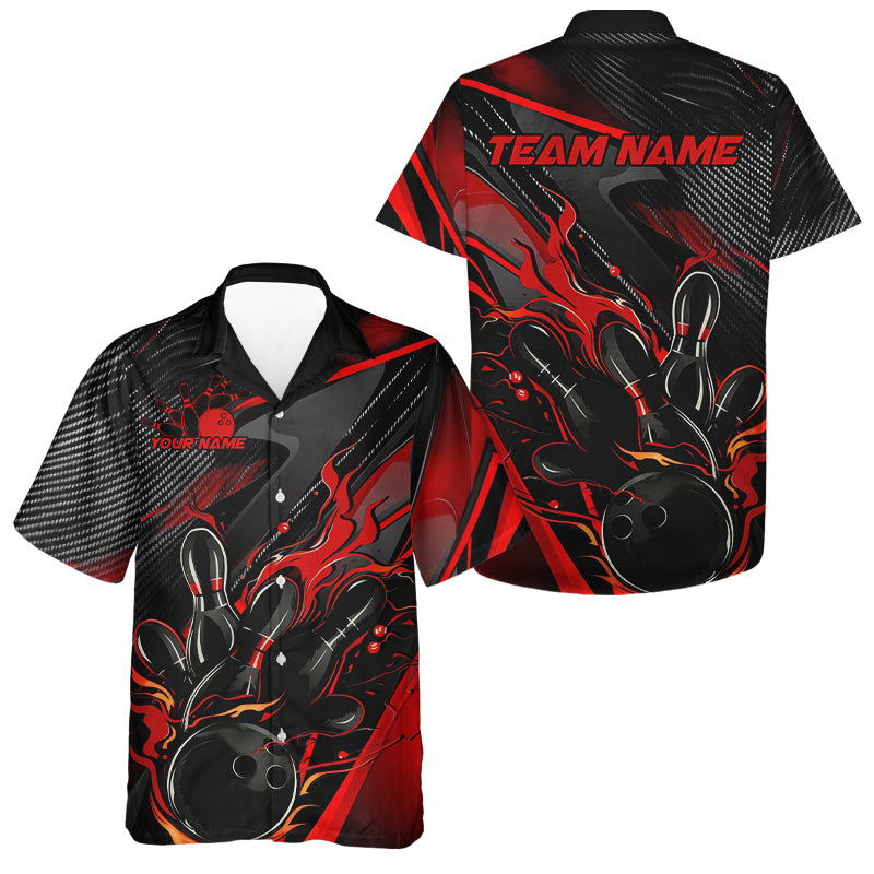 Black And Red Custom Flame Bowling Shirts, Fire Bowling Team Shirt Bowler Jersey