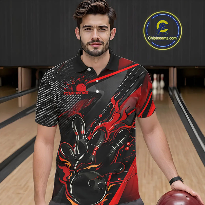 Black And Red Custom Flame Bowling Shirts, Fire Bowling Team Shirt Bowler Jersey