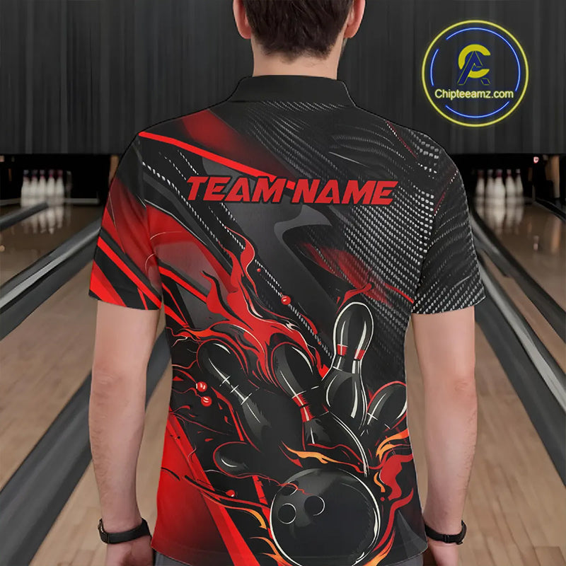Black And Red Custom Flame Bowling Shirts, Fire Bowling Team Shirt Bowler Jersey