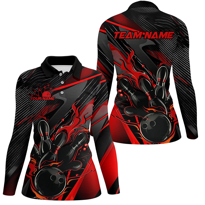 Black And Red Custom Flame Bowling Shirts, Fire Bowling Team Shirt Bowler Jersey