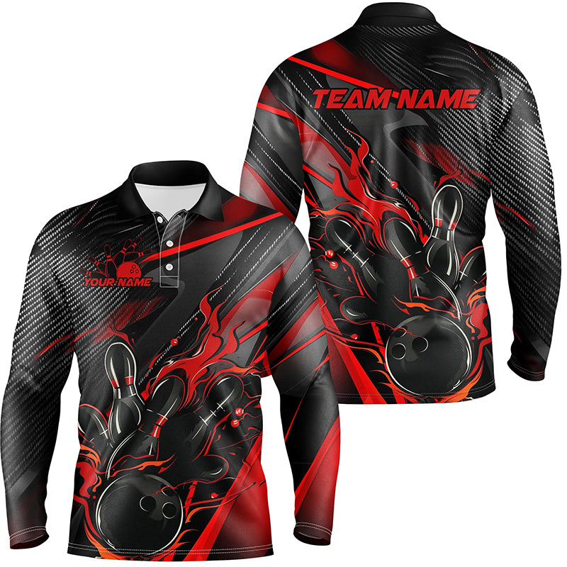 Black And Red Custom Flame Bowling Shirts, Fire Bowling Team Shirt Bowler Jersey