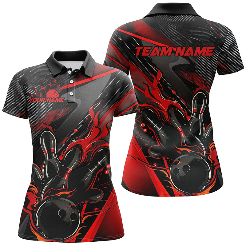 Black And Red Custom Flame Bowling Shirts, Fire Bowling Team Shirt Bowler Jersey