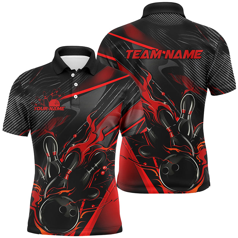 Black And Red Custom Flame Bowling Shirts, Fire Bowling Team Shirt Bowler Jersey