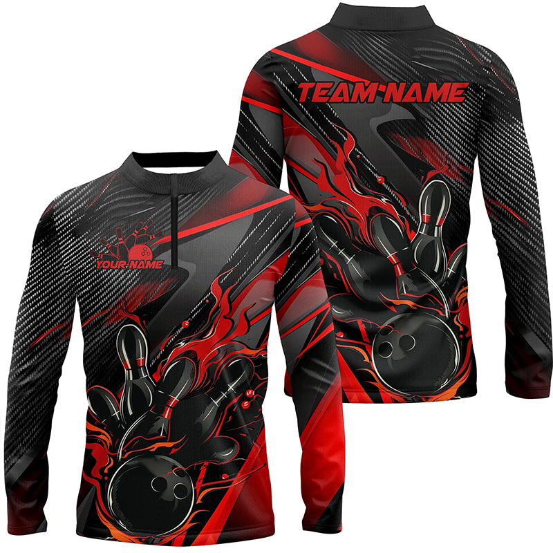 Black And Red Custom Flame Bowling Shirts, Fire Bowling Team Shirt Bowler Jersey