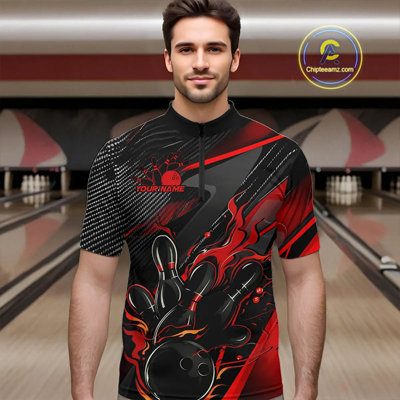 Black And Red Custom Flame Bowling Shirts, Fire Bowling Team Shirt Bowler Jersey