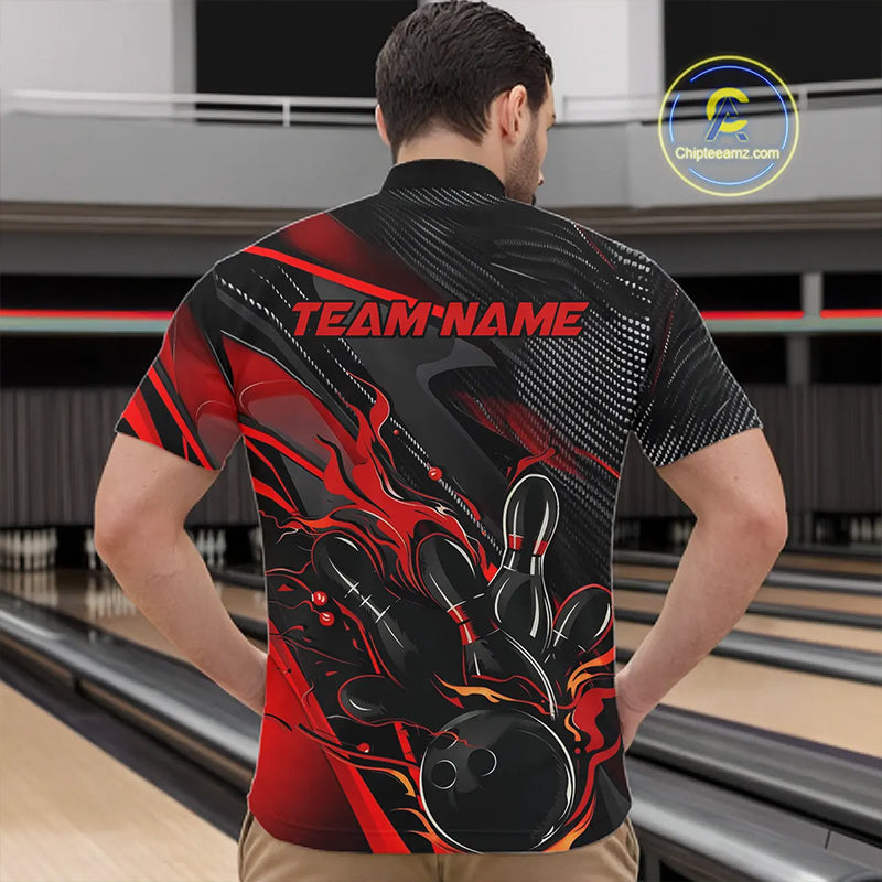 Black And Red Custom Flame Bowling Shirts, Fire Bowling Team Shirt Bowler Jersey