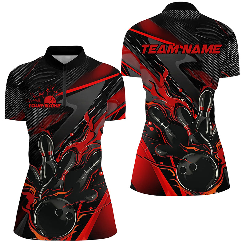 Black And Red Custom Flame Bowling Shirts, Fire Bowling Team Shirt Bowler Jersey