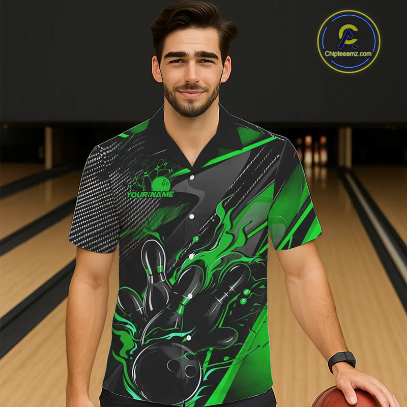Black And Green Custom Flame Bowling Hawaiian Shirts, Fire Bowling Team Shirt Bowler Jersey