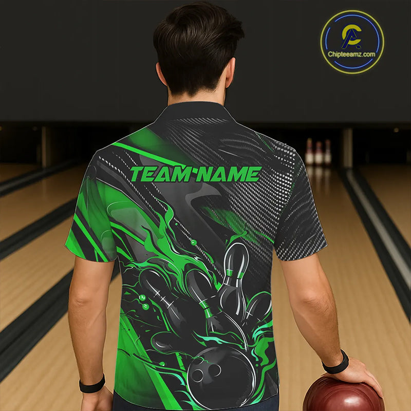 Black And Green Custom Flame Bowling Hawaiian Shirts, Fire Bowling Team Shirt Bowler Jersey