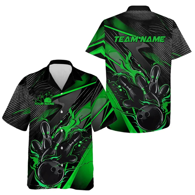 Black And Green Custom Flame Bowling Hawaiian Shirts, Fire Bowling Team Shirt Bowler Jersey