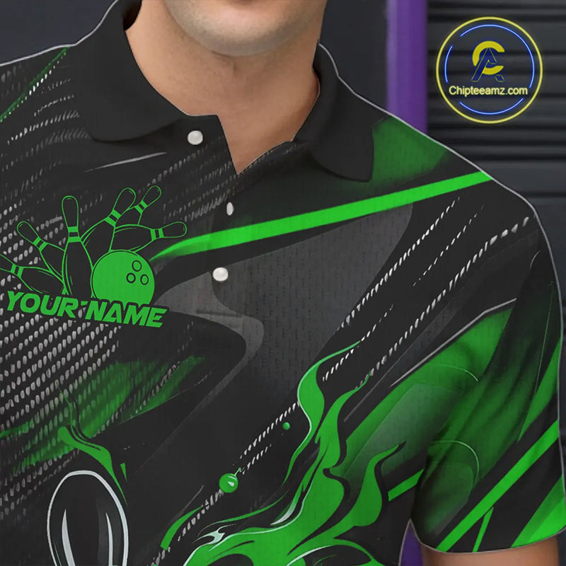 Black And Green Custom Flame Bowling Shirts, Fire Bowling Team Shirt Bowler Jersey