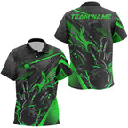 Black And Green Custom Flame Bowling Polo Shirts, Fire Bowling Team Shirt Bowler Jersey