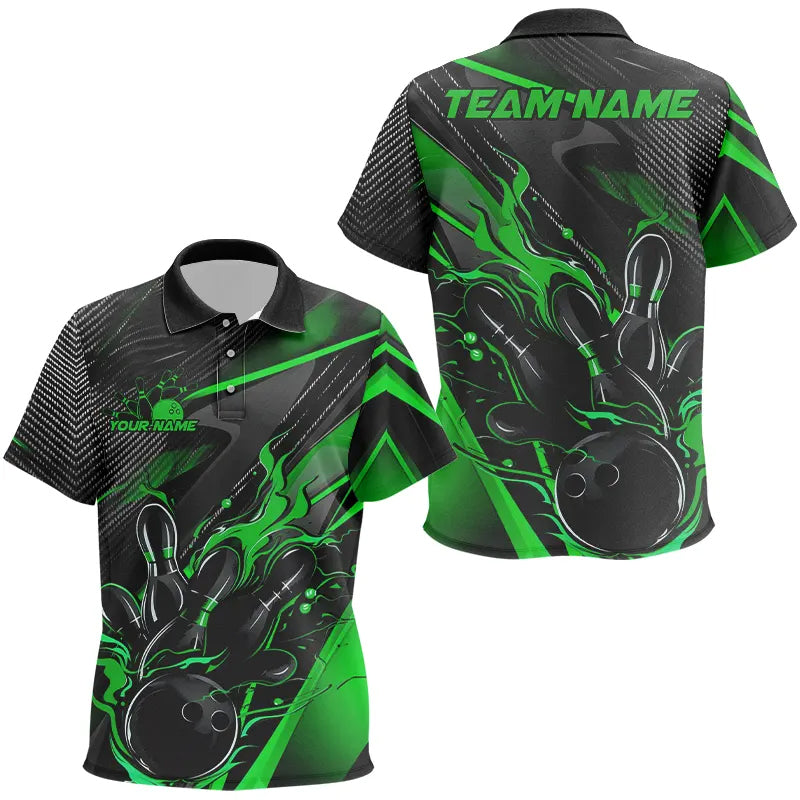 Black And Green Custom Flame Bowling Polo Shirts, Fire Bowling Team Shirt Bowler Jersey