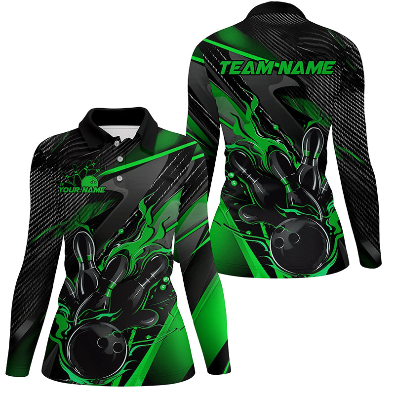 Black And Green Custom Flame Bowling Shirts, Fire Bowling Team Shirt Bowler Jersey