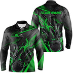 Black And Green Custom Flame Bowling Shirts, Fire Bowling Team Shirt Bowler Jersey