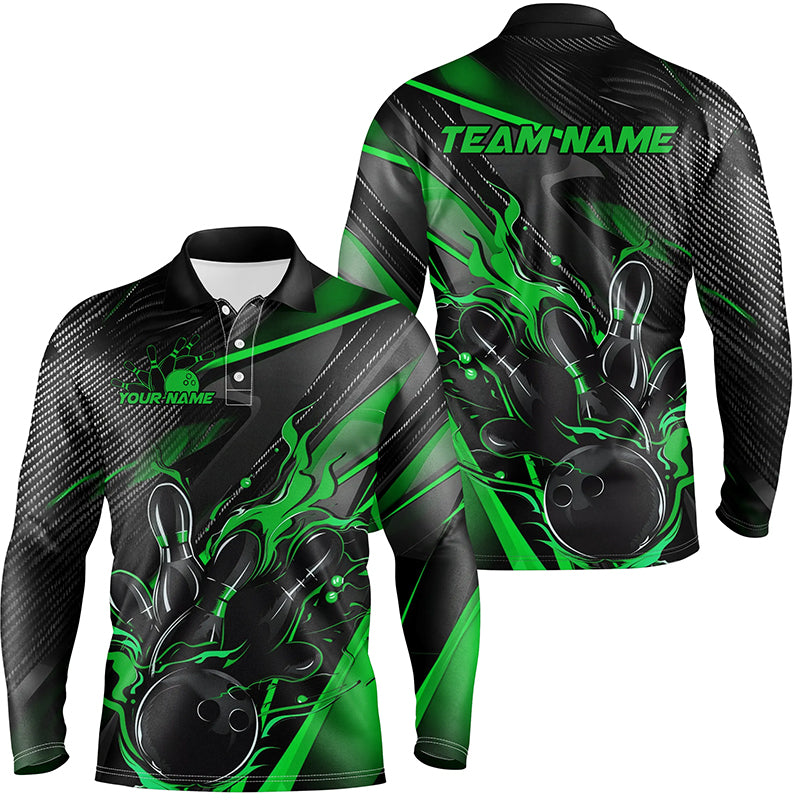 Black And Green Custom Flame Bowling Shirts, Fire Bowling Team Shirt Bowler Jersey