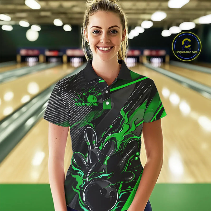 Black And Green Custom Flame Bowling Shirts, Fire Bowling Team Shirt Bowler Jersey