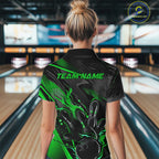 Black And Green Custom Flame Bowling Shirts, Fire Bowling Team Shirt Bowler Jersey