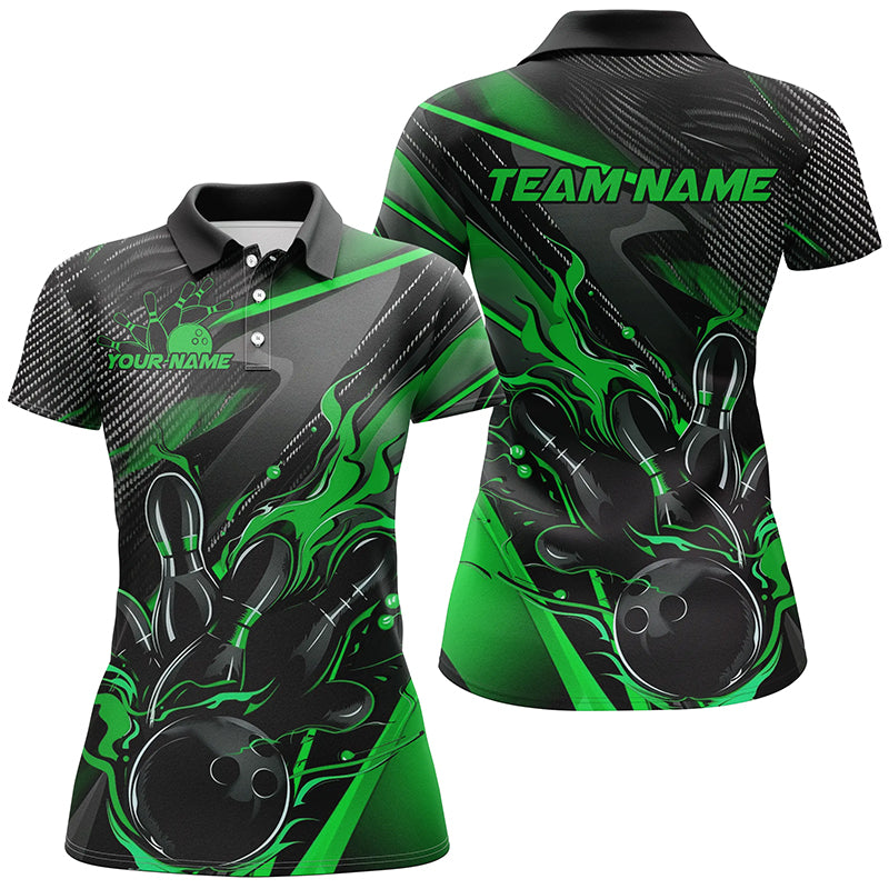 Black And Green Custom Flame Bowling Shirts, Fire Bowling Team Shirt Bowler Jersey