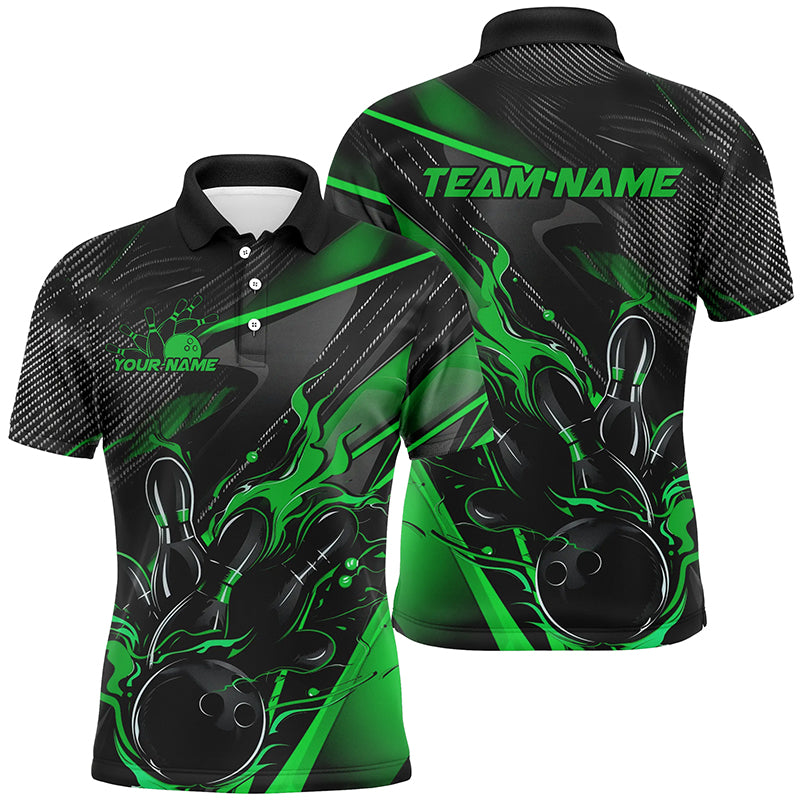 Black And Green Custom Flame Bowling Shirts, Fire Bowling Team Shirt Bowler Jersey