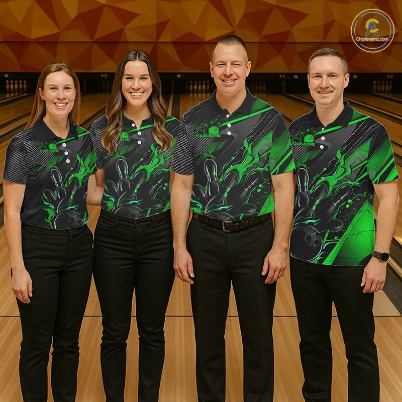 Black And Green Custom Flame Bowling Shirts, Fire Bowling Team Shirt Bowler Jersey