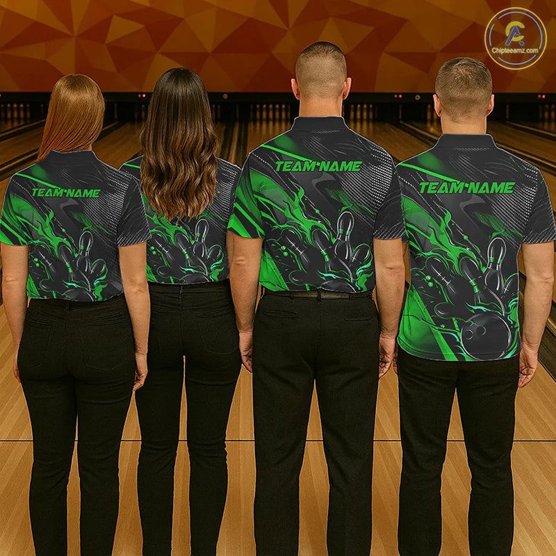 Black And Green Custom Flame Bowling Shirts, Fire Bowling Team Shirt Bowler Jersey