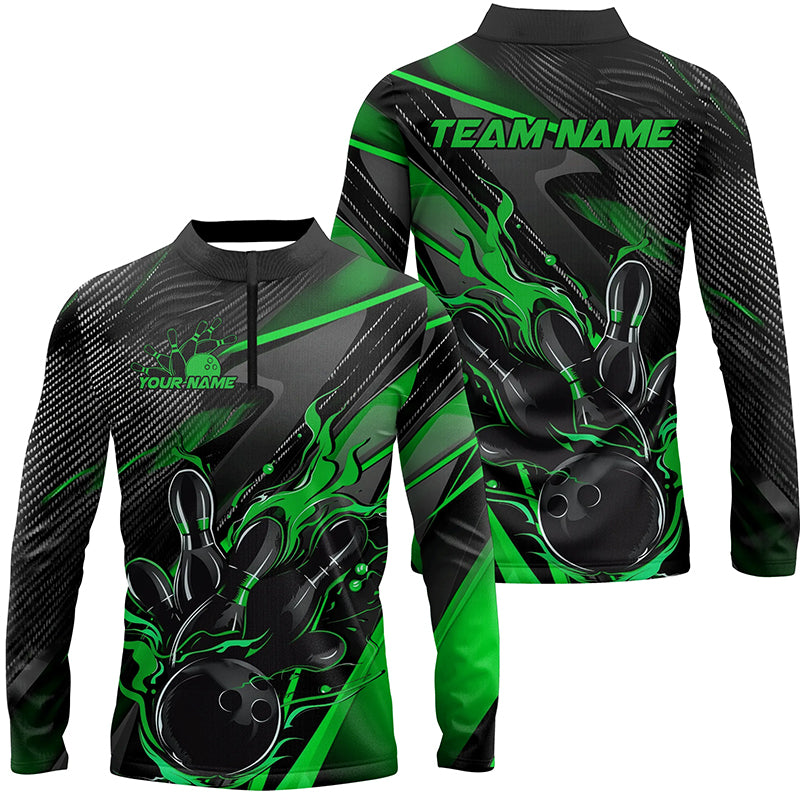 Black And Green Custom Flame Bowling Shirts, Fire Bowling Team Shirt Bowler Jersey