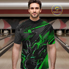 Black And Green Custom Flame Bowling Shirts, Fire Bowling Team Shirt Bowler Jersey