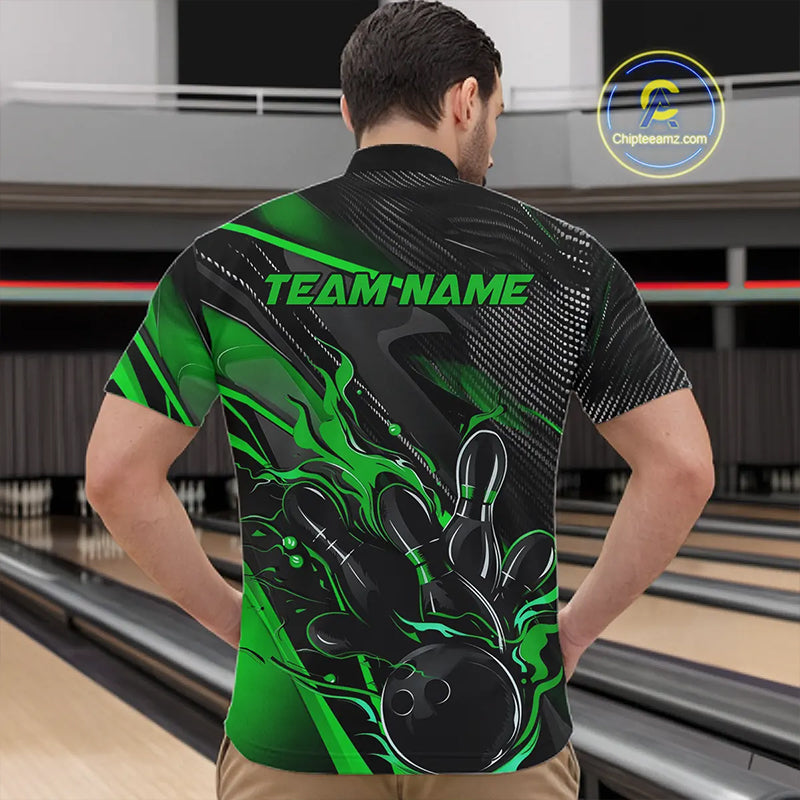 Black And Green Custom Flame Bowling Shirts, Fire Bowling Team Shirt Bowler Jersey