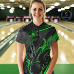 Black And Green Custom Flame Bowling Shirts, Fire Bowling Team Shirt Bowler Jersey