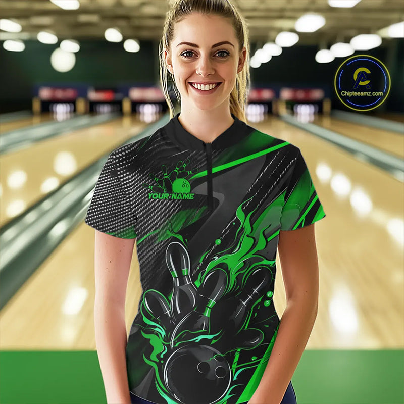 Black And Green Custom Flame Bowling Shirts, Fire Bowling Team Shirt Bowler Jersey