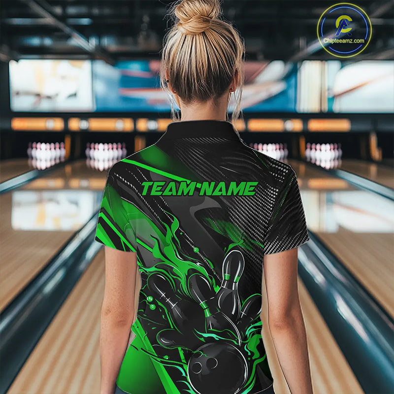 Black And Green Custom Flame Bowling Shirts, Fire Bowling Team Shirt Bowler Jersey