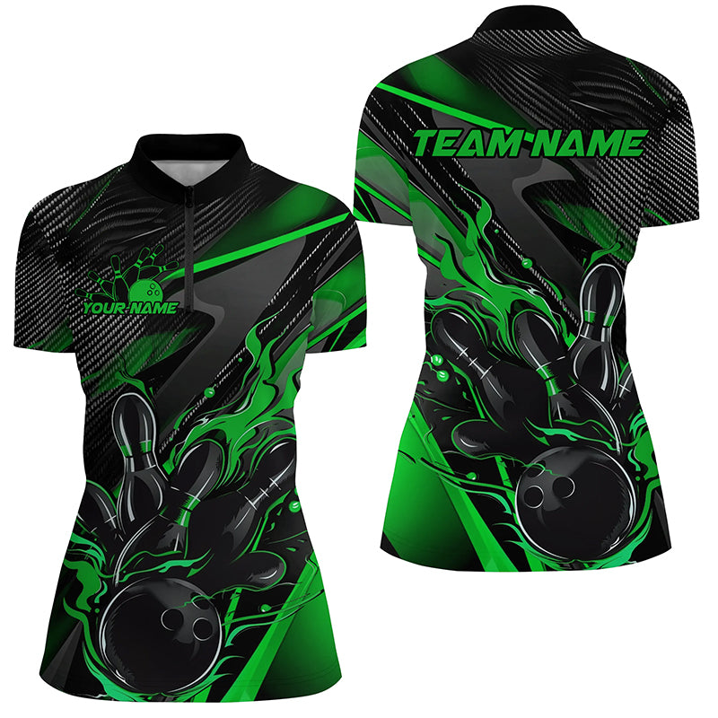 Black And Green Custom Flame Bowling Shirts, Fire Bowling Team Shirt Bowler Jersey