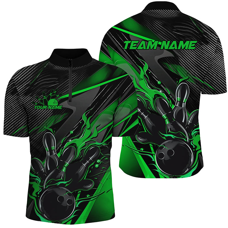 Black And Green Custom Flame Bowling Shirts, Fire Bowling Team Shirt Bowler Jersey
