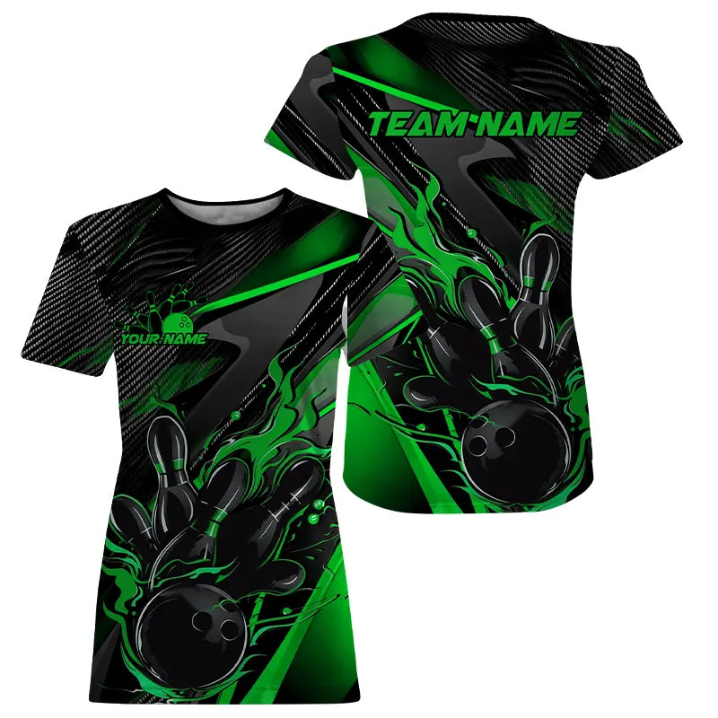 Black And Green Custom Flame Bowling T-Shirts Shirts, Fire Bowling Team Bowler Jersey