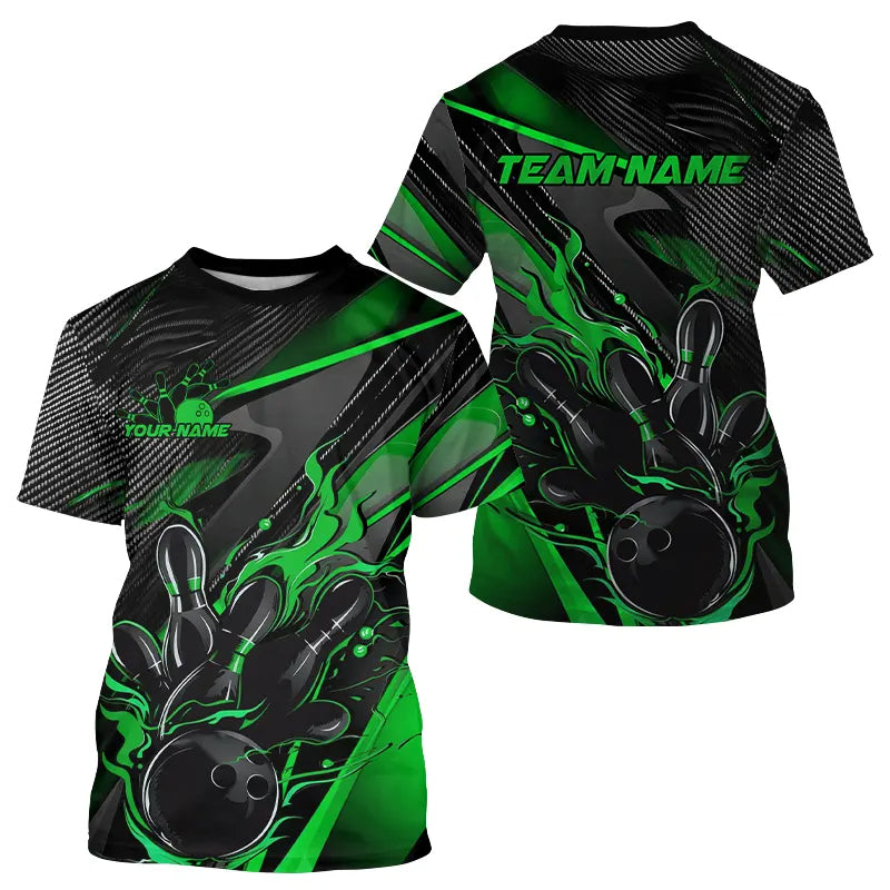 Black And Green Custom Flame Bowling T-Shirts Shirts, Fire Bowling Team Bowler Jersey