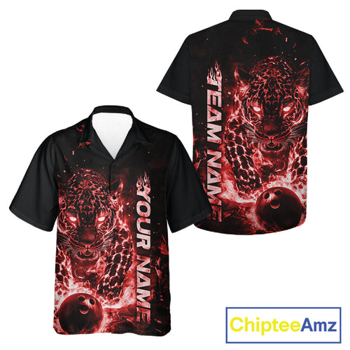 Custom Red Flaming Leopard Bowling Shirts And, Fire Bowling Team Shirt Bowler Uniform