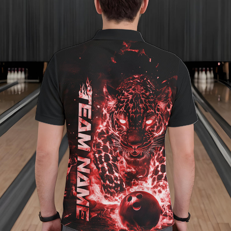 Custom Red Flaming Leopard Bowling Shirts, Fire Bowling Team Shirt Bowler Uniform