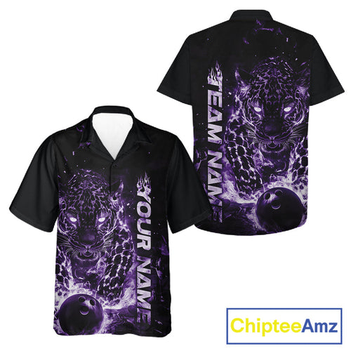 Custom Purple Flaming Leopard And Bowling Shirts, Fire Bowling Team Shirt Bowler Uniform