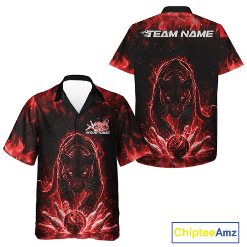 Custom Black And Red Flame Leopard Bowling And Hawaiian Shirt, Bowling League Team Shirt