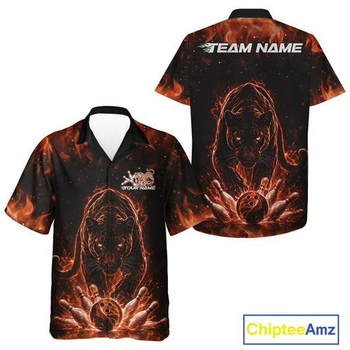 Custom Black And Orange Flame Leopard Bowling And Hawaiian Shirt, Bowling League Team Shirt