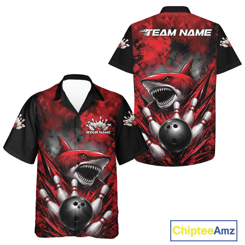 Custom Black And Red Shark Bowling Jerseys Team Hawaiian Shirt And