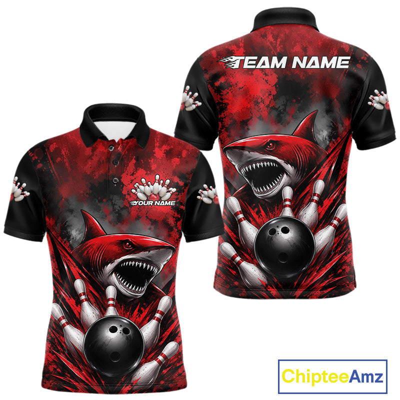 Custom Black And Red Shark Bowling Jerseys Team Polo Shirt