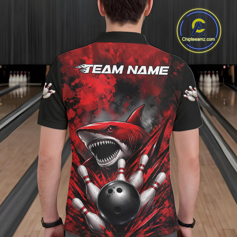 Custom Black And Red Shark Bowling Jerseys Team Polo Shirt