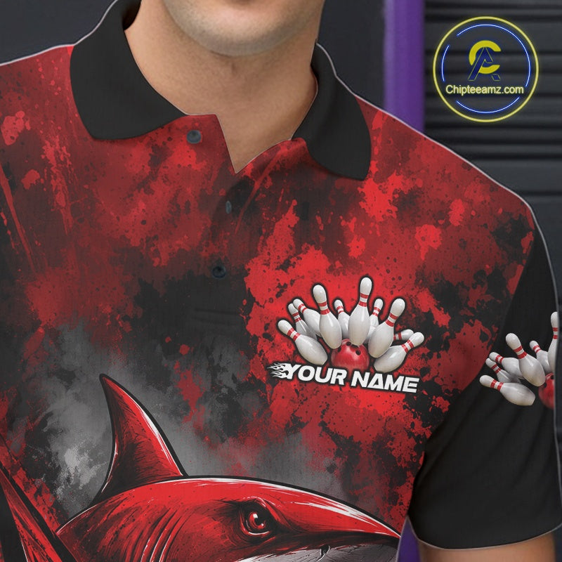 Custom Black And Red Shark Bowling Jerseys Team Polo Shirt
