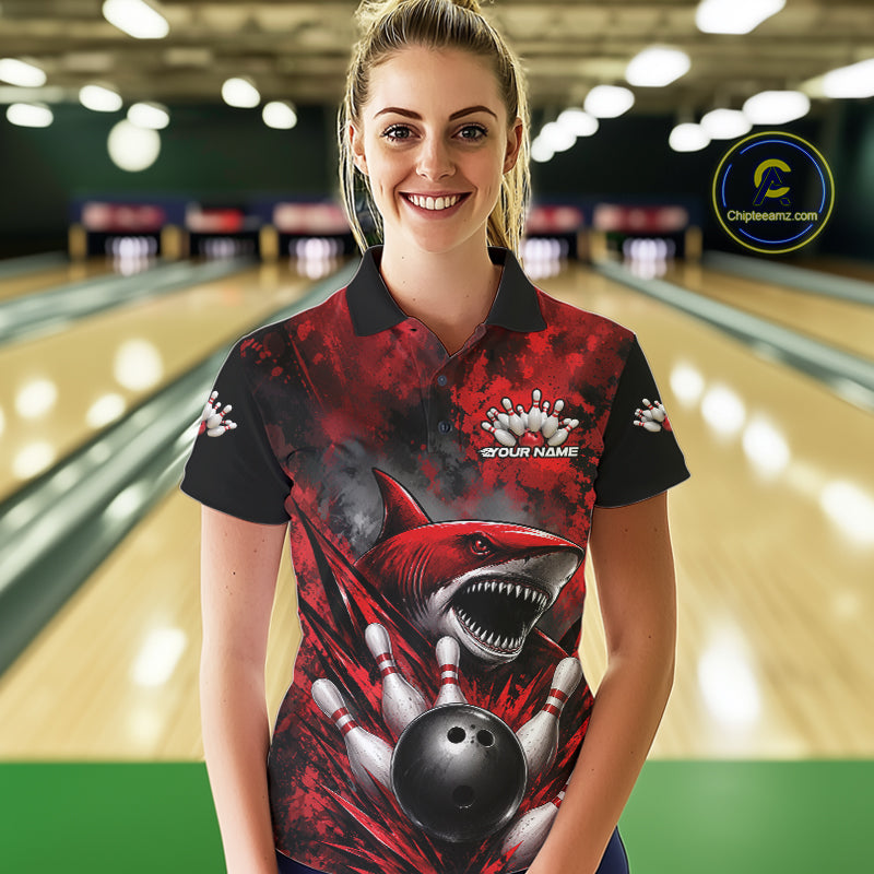 Custom Black And Red Shark Bowling Jerseys Team Polo Shirt