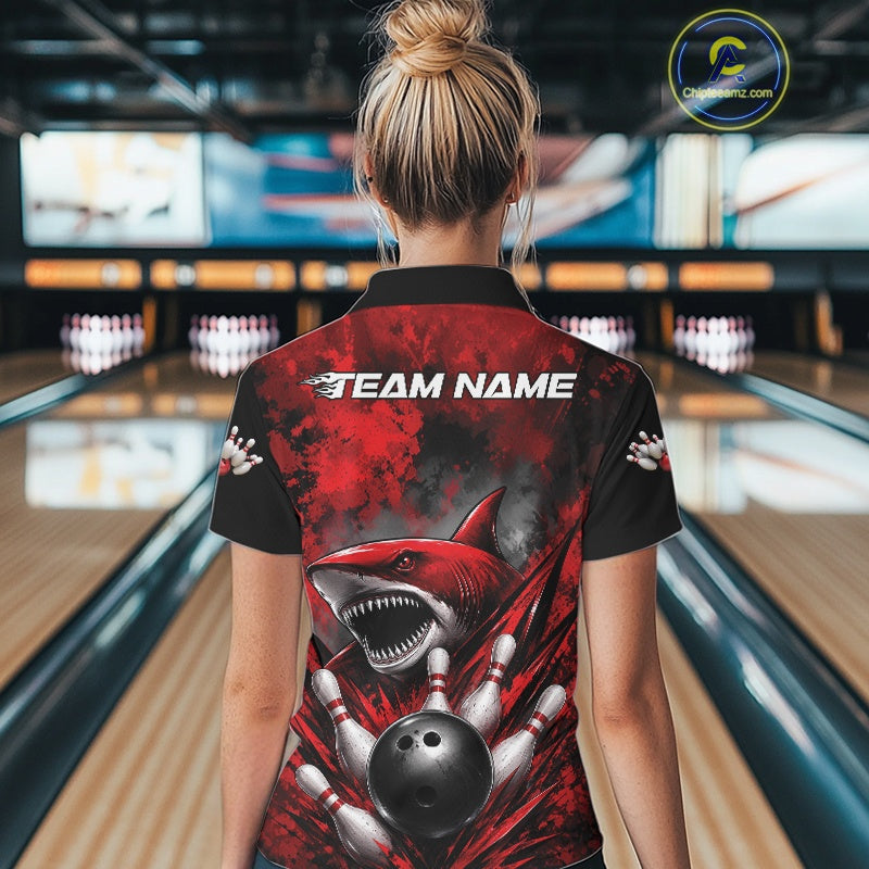 Custom Black And Red Shark Bowling Jerseys Team Polo Shirt
