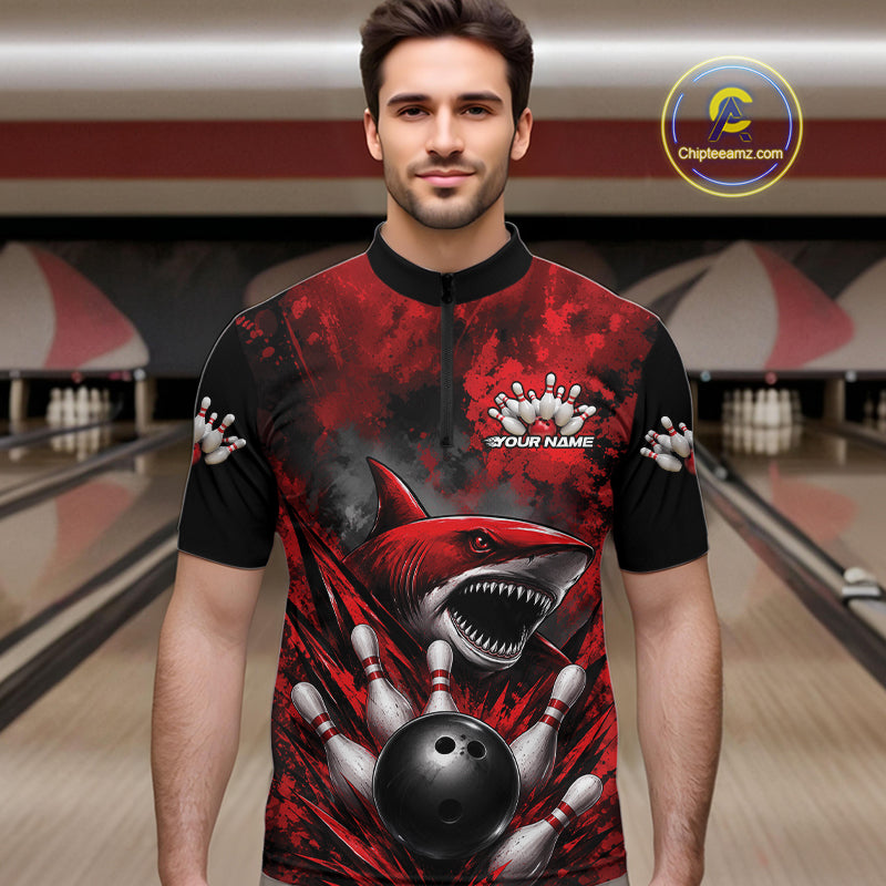 Custom Black And Red Shark Bowling Jerseys Team Quarter-Zip Shirt
