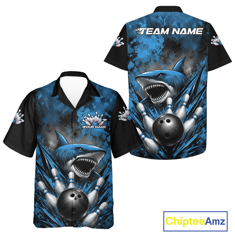 Custom Black And Blue Shark Bowling Jerseys Team Hawaiian Shirt And