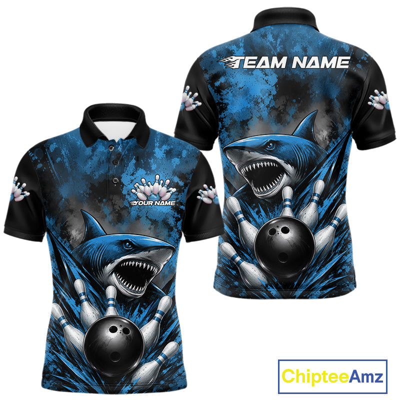 Custom Black And Blue Shark Bowling Jerseys Team Polo Shirt